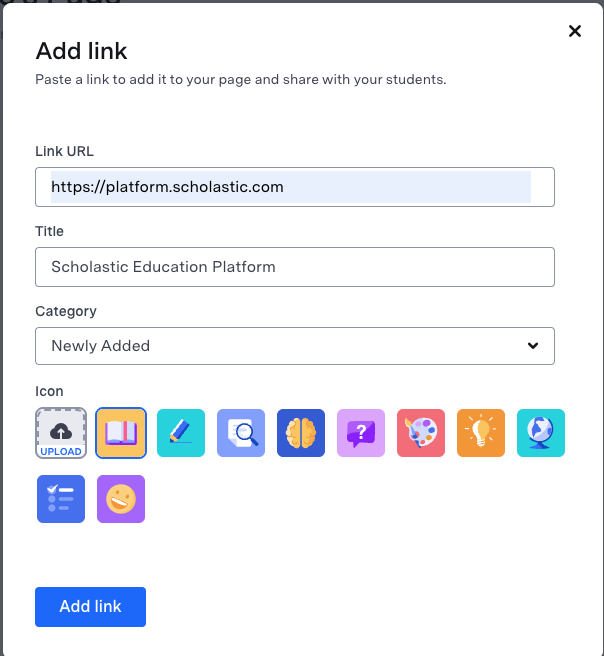 Add link dialog with fields for url, title, category, and icon options