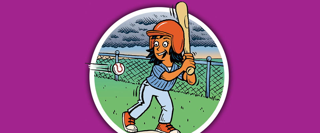 Illustration of a girl with a bat about to swing at a baseball