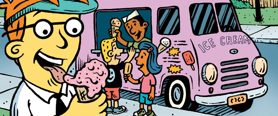 illustration of Word Nerd eating ice cream in front of an ice cream truck