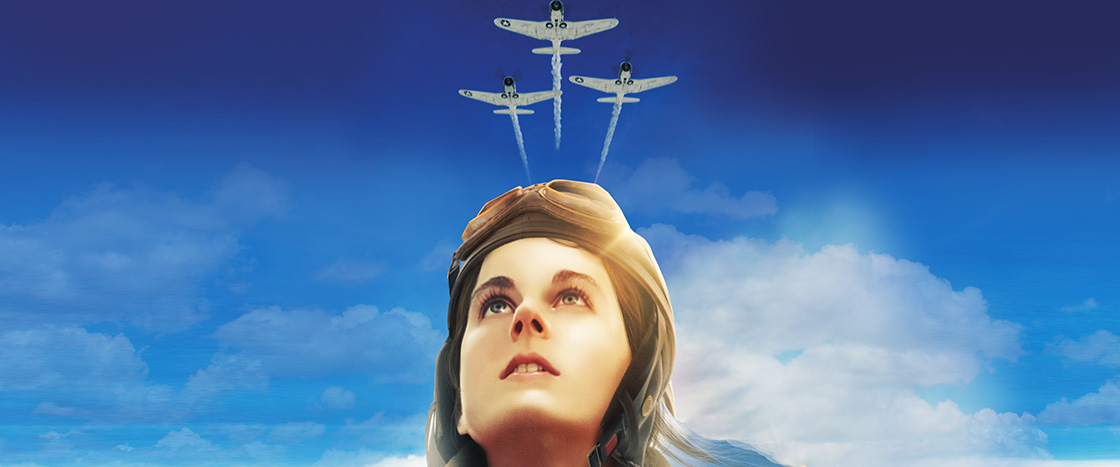 Illustration of female pilot looking at three planes flying overhead