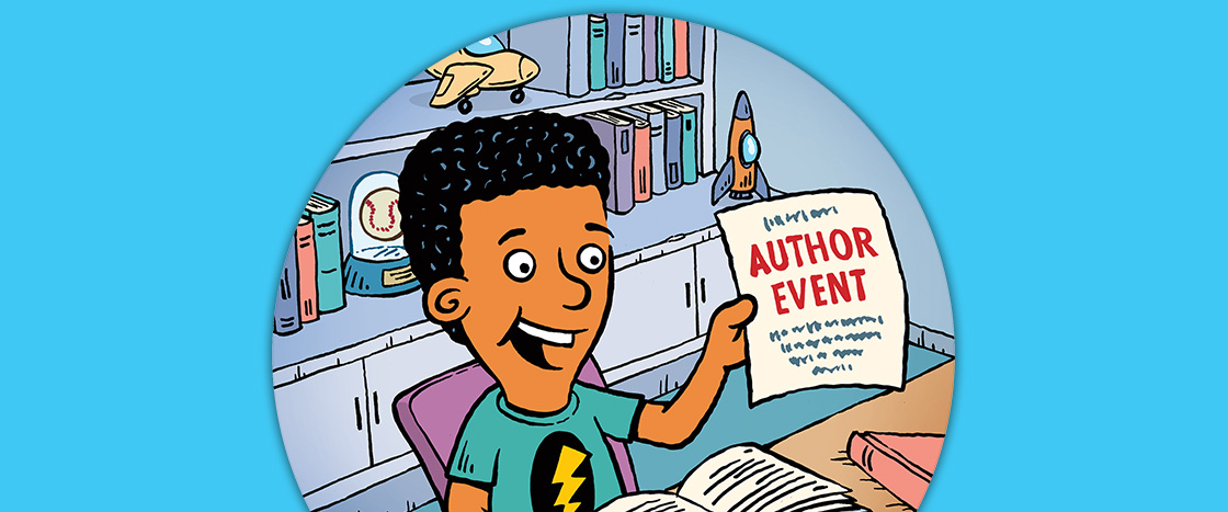 Illustration of student holding sign up for Author Event