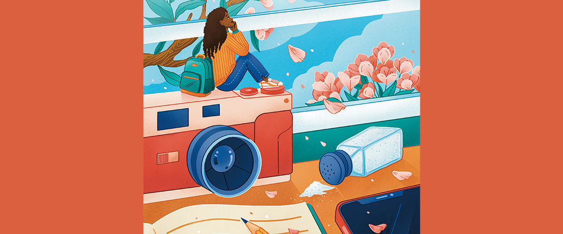 Illustration of a mini person sitting on a camera next to a fallen salt shaker & looking out window