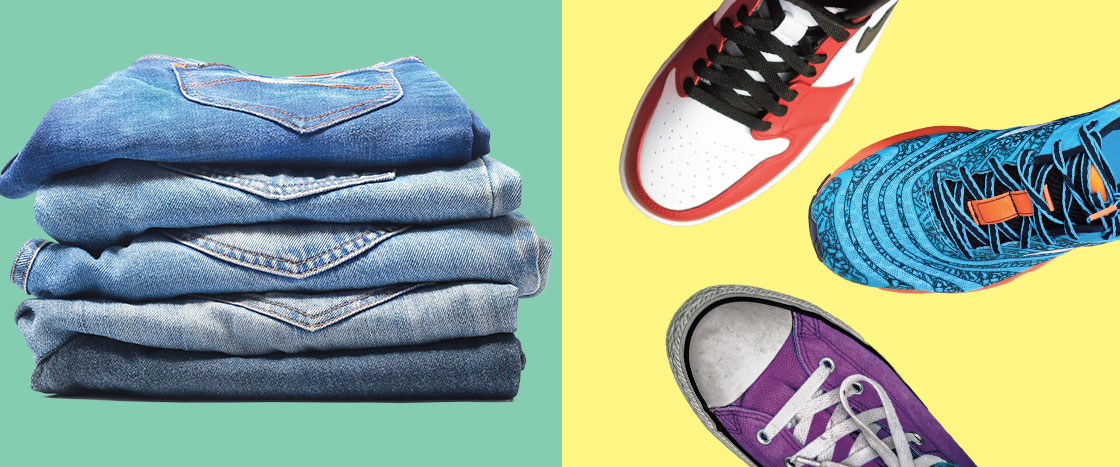 Image of a pile of jeans and image of three different types of sneakers