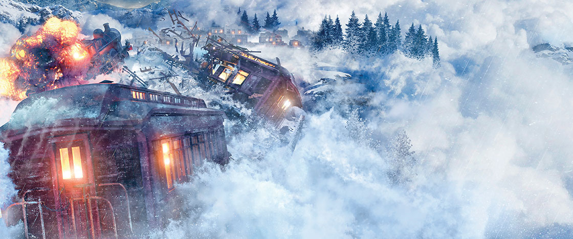 Illustration of an avalanche of snow crashing into a train