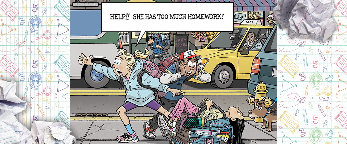 Illustration of student weighed down by school backpack