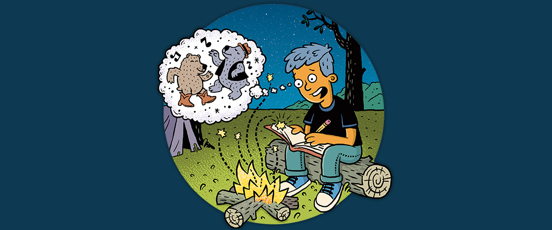 Illustration of a camper experiencing writer&apos;s block