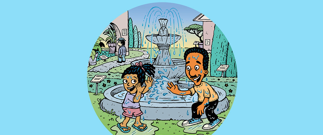 Illustration of a daughter splashing fountain water at her dad