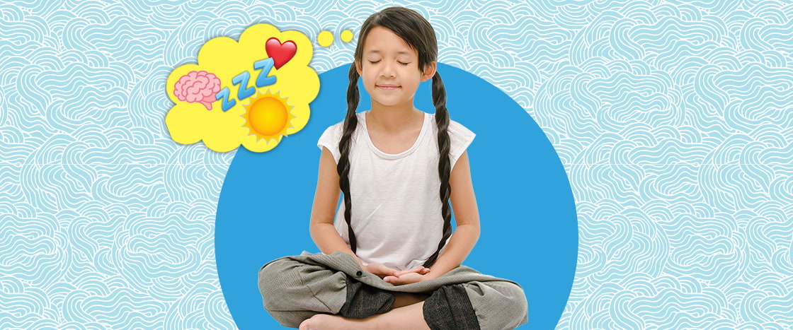 Image of a kid meditating and thought bubble is filled with random things like sun, sleep, love