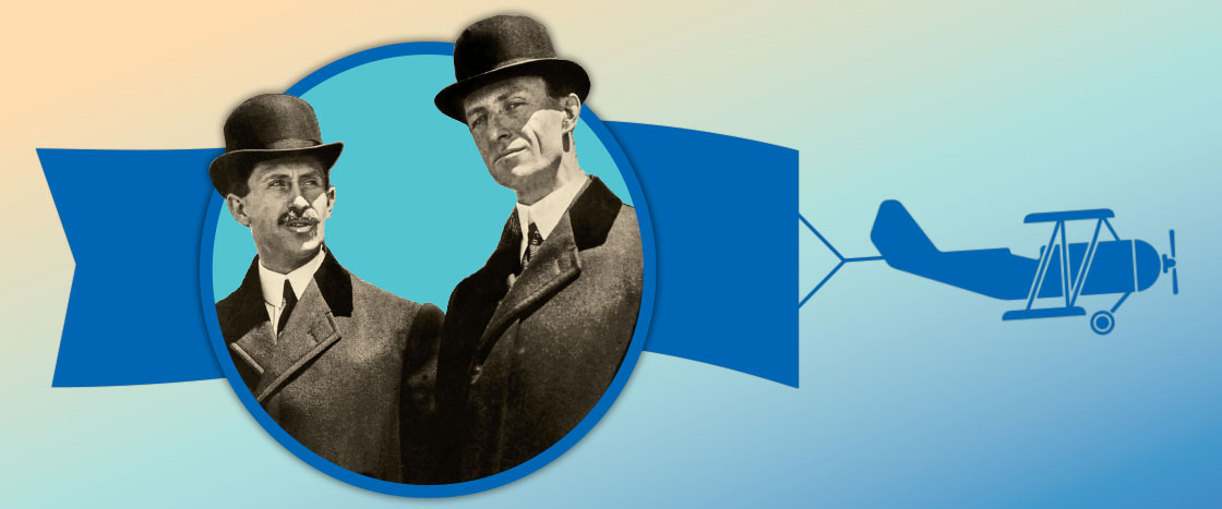 Historical photo of Orville and Wilbur Wright beside an illustration of a biplane