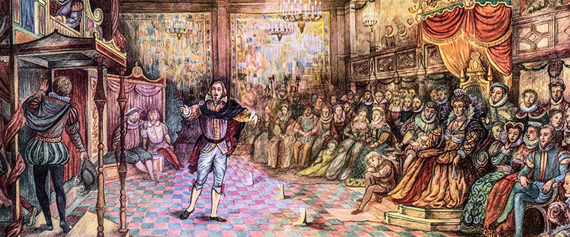 A performer gestures on stage before a large crowd in an ornate Renaissance-era hall