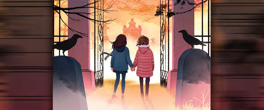 Illustration of two kids walking in a graveyard