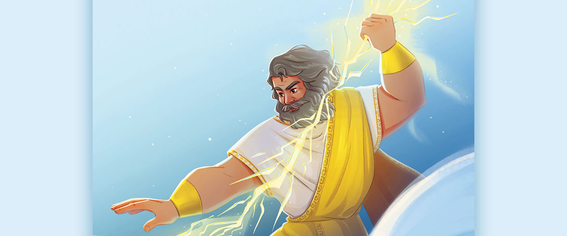 Zeus raises a glowing lightning bolt above his head among the clouds