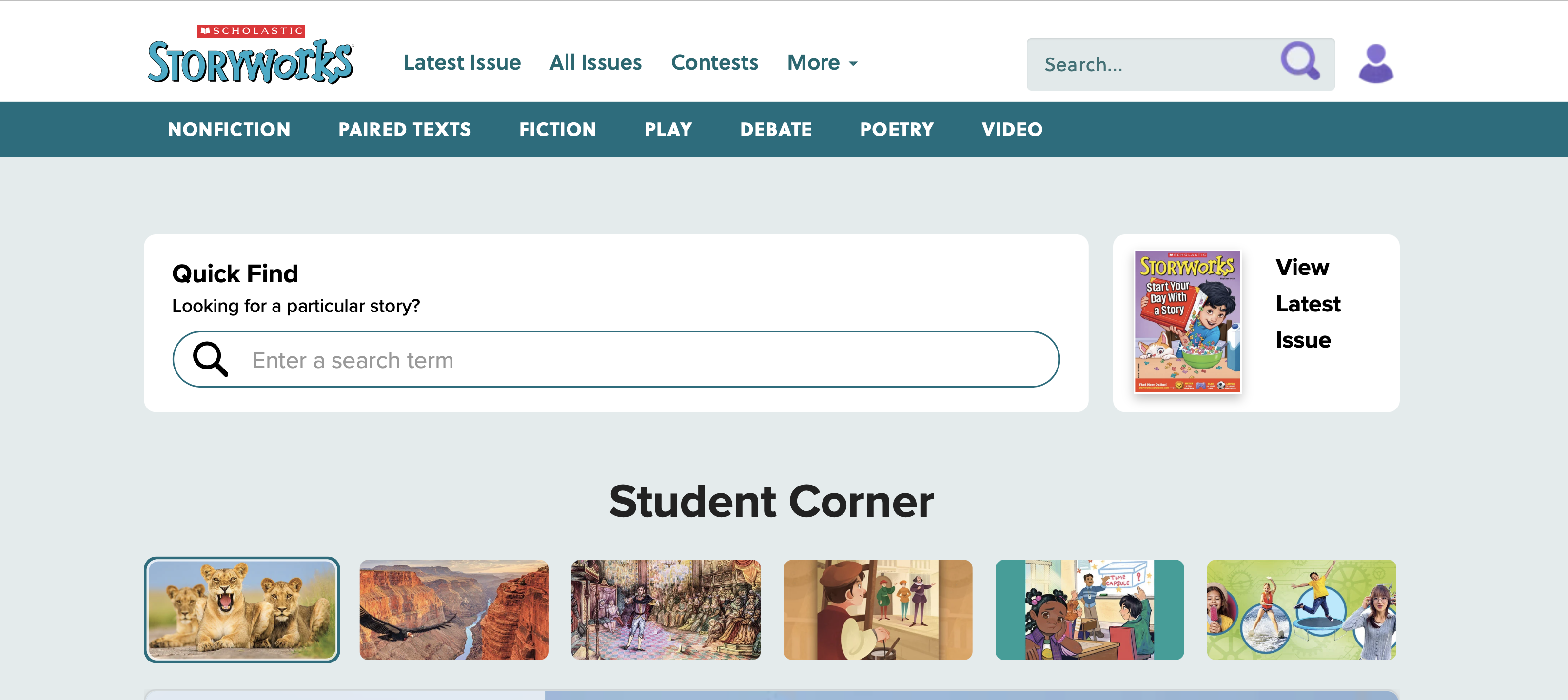 The Scholastic Storyworks website homepage with navigation, a search bar, and a Student Corner section